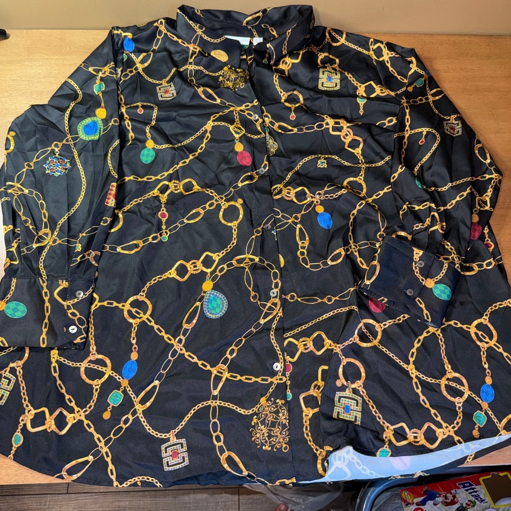 Susan Graver Women 2X Black Gold Chain Jewel Print Button Down Blouse Top
